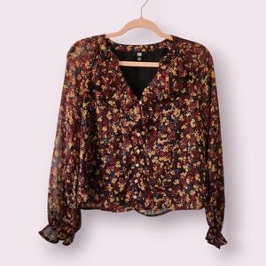 FRYE | EUC Boho Ruffle‎ Floral Long Balloon Sleeve Button Down Shirt Size S